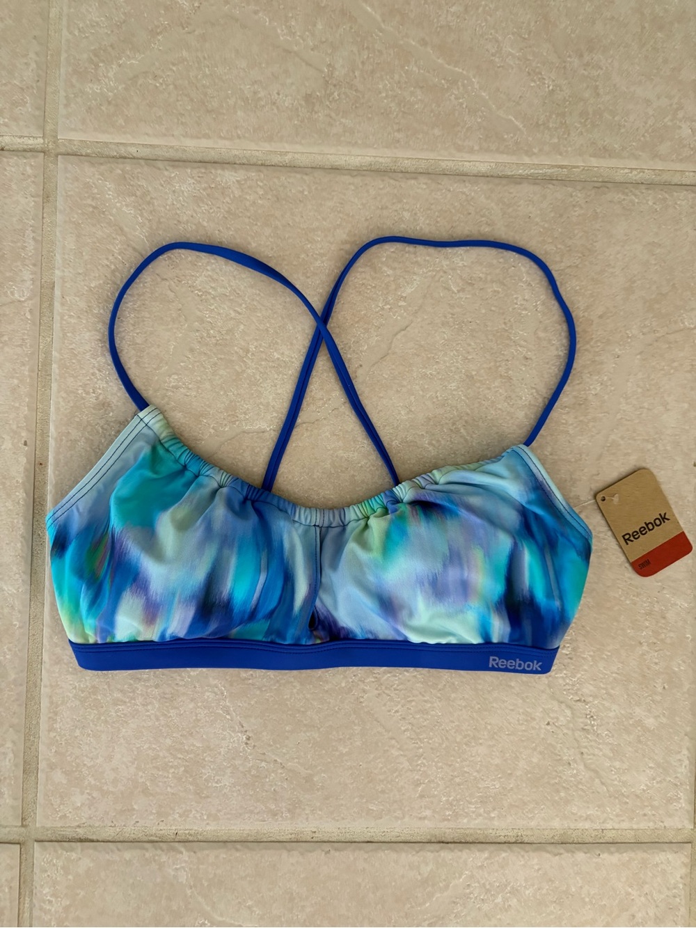 NWT Reebok Women's Blue Watercolor Strappy Bikini Top - Size Large